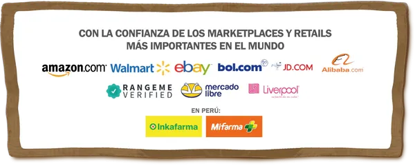 Con la confianza de los marketplaces y retails más importantes del mundo: Amazon, Walmart, eBay, bol.com, JD.com, Alibaba, RangeMe, Mercado Libre y Liverpool; en Perú, Inkafarma y Mifarma